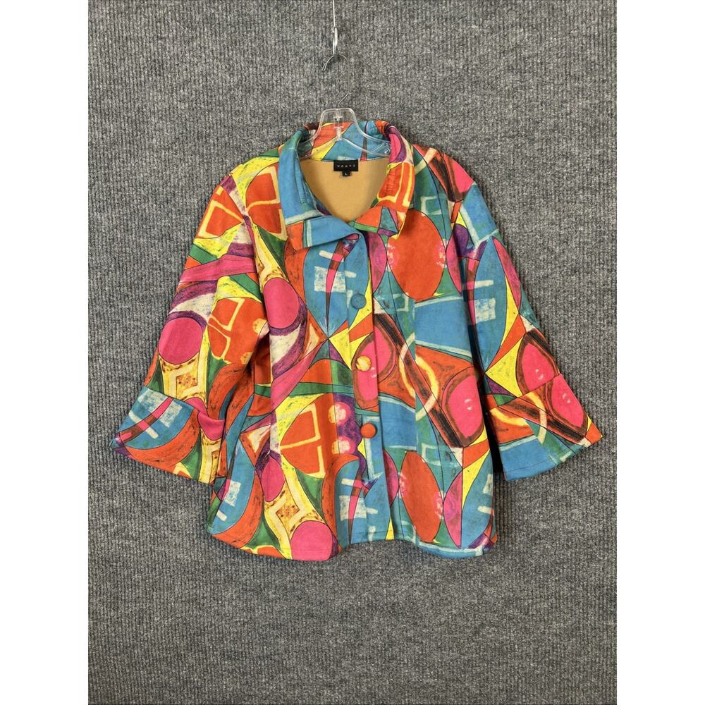 Weavz Button Up Top Womens Size Large Art To Wear Muti Color Pockets Abstract